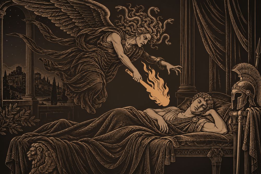 The winged Fury Allecto, snakes in her hair, swoops over the sleeping Turnus and thrusts a blazing torch toward him