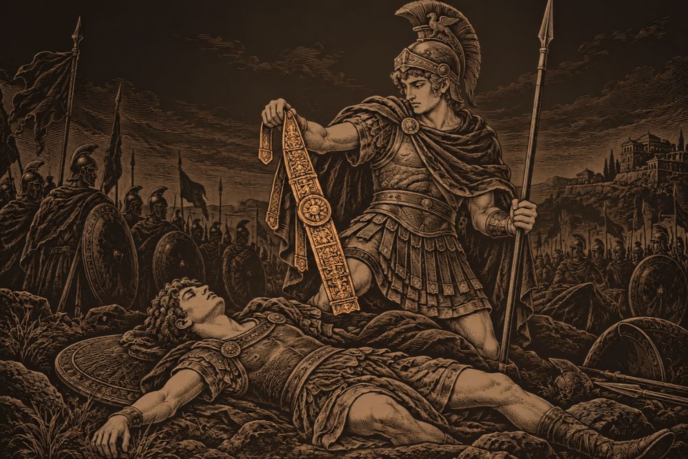 Turnus in a crested helmet holds up the engraved sword-belt he has stripped from the young Pallas, who lies dead on his shield