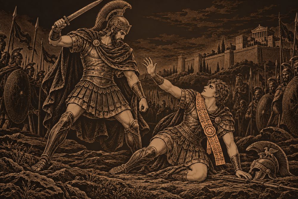 Aeneas stands with sword raised over the kneeling Turnus, who pleads with one hand up while Pallas's engraved belt hangs across his chest