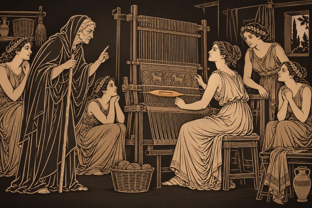 An old hooded woman leaning on a staff raises a warning finger at the young weaver Arachne, who sits proudly at her loom among admiring nymphs