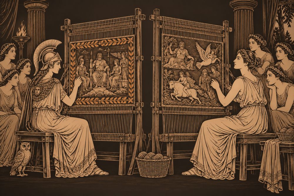 Athena in helmet and Arachne sit at twin looms, Athena's tapestry of enthroned gods framed in olive branches, Arachne's crowded with a bull carrying a woman and a swan