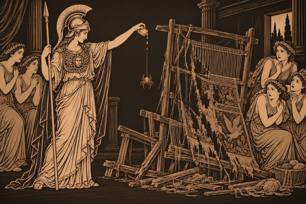 Beside a broken loom and torn tapestry, the helmeted Athena lets drops fall from a small flask onto a spider hanging on a thread while nymphs shrink back