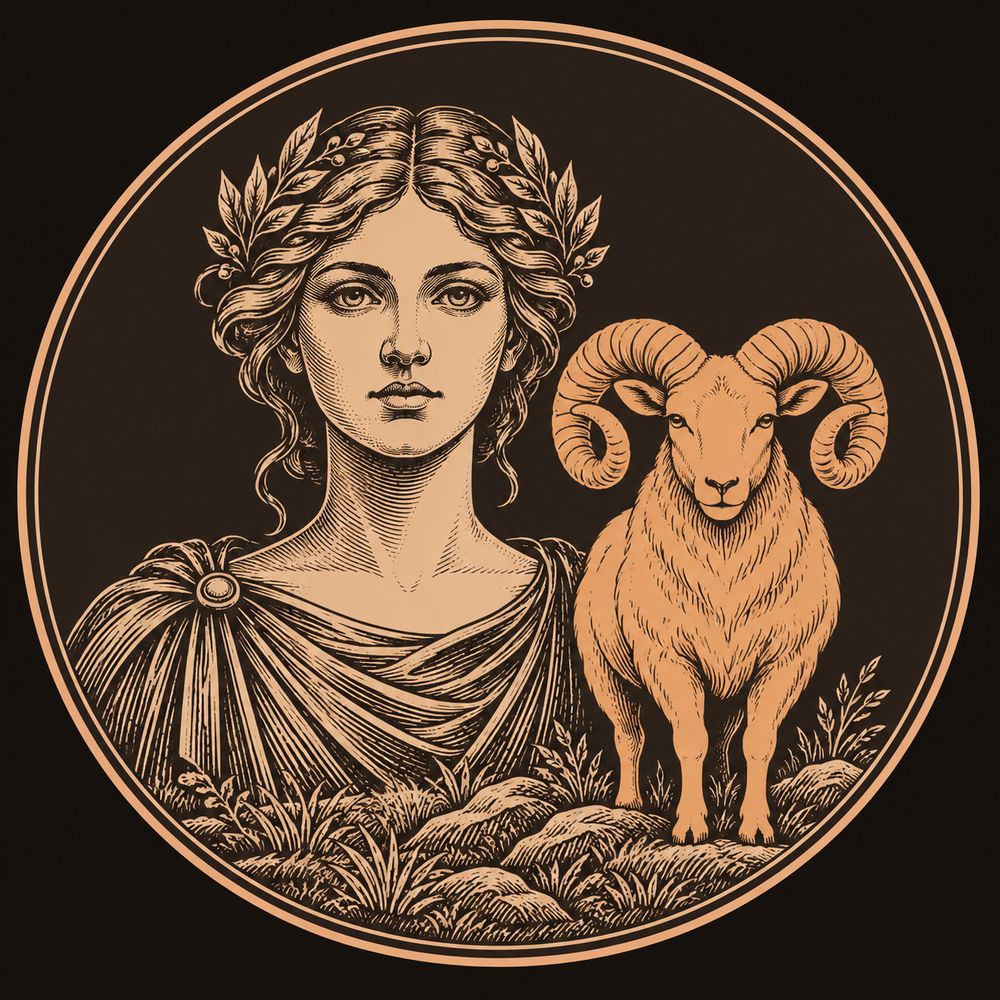 Engraved bronze ram with heavy curled horns turned toward the viewer, set inside a circular medallion frame on a dark warm-brown field