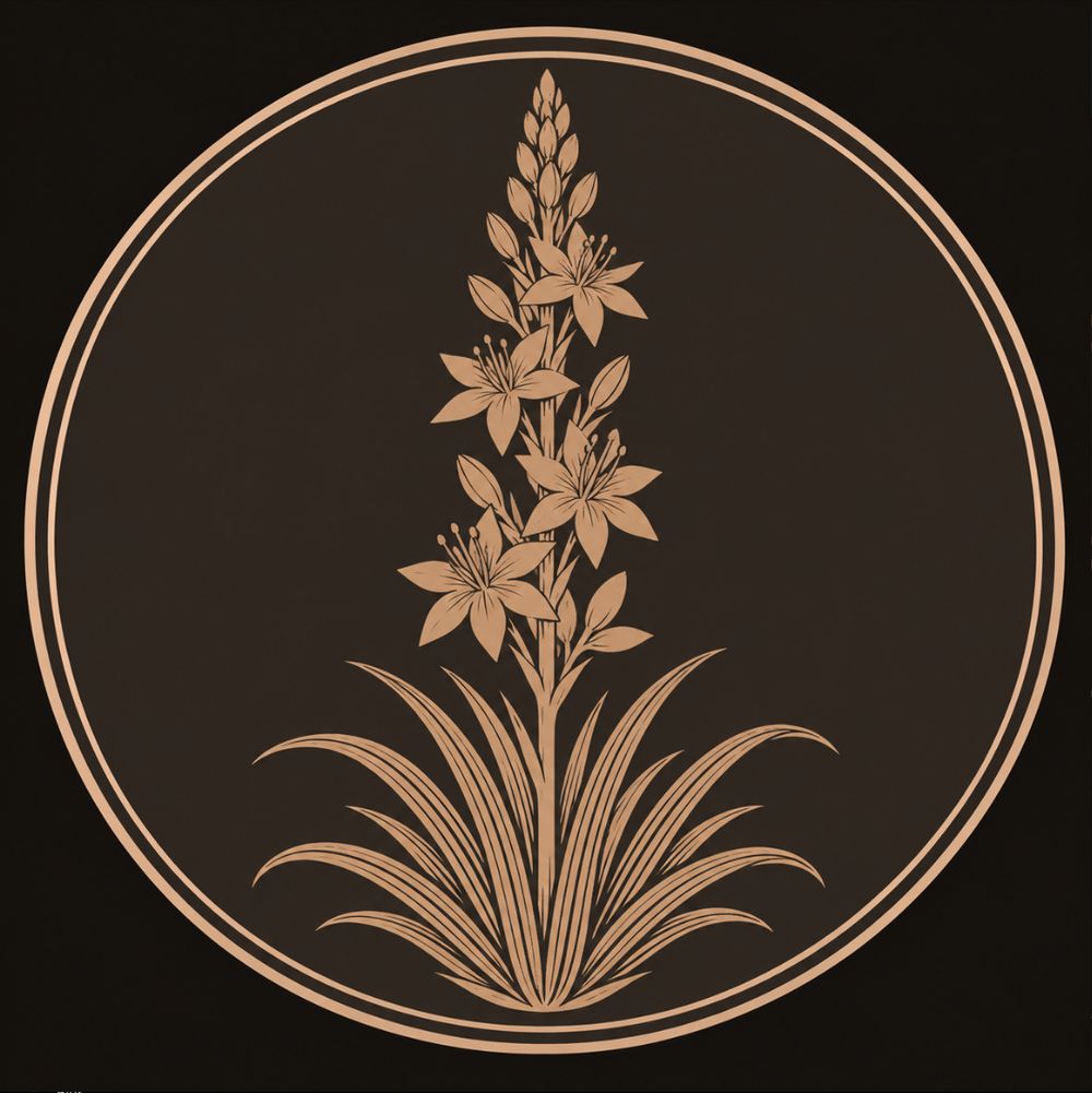 A tall upright stalk of small star-shaped blossoms rising from a base of long narrow leaves, drawn in solid bronze inside a circular double-lined frame
