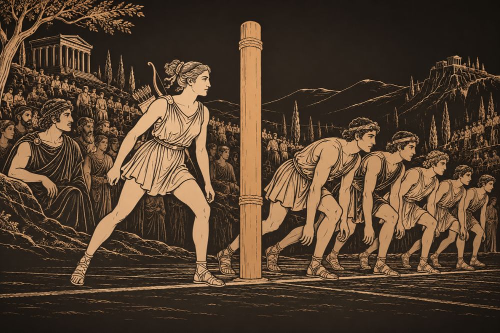 Atalanta, bow on her back, stands at the starting line beside a tall wooden post as a row of young suitors crouch to run and a crowd watches from the slopes