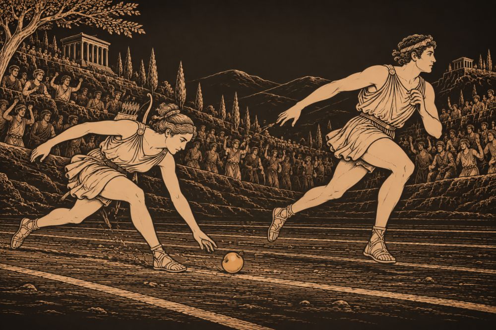 Mid-race, Atalanta swerves and stoops for a golden apple rolling on the track while Hippomenes runs on ahead and the crowd cheers