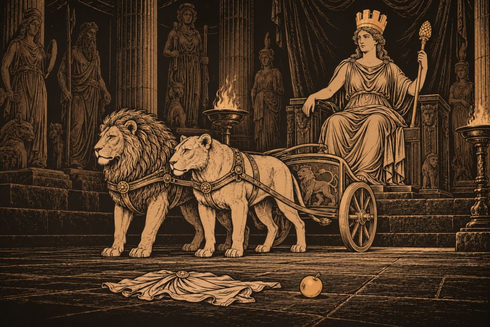 In a dim sanctuary a lion and a lioness stand harnessed to the chariot of the enthroned, turret-crowned Cybele, a dropped tunic and golden apple on the floor