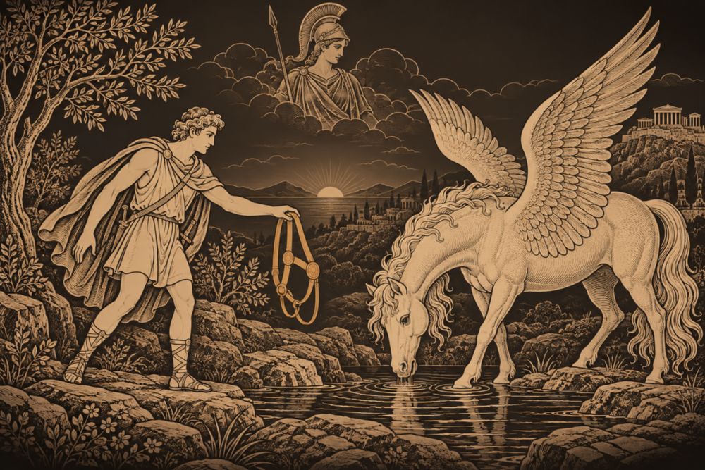At a spring at dawn the young Bellerophon holds out a golden bridle to Pegasus as the winged horse drinks, with a helmeted Athena faint in the clouds above