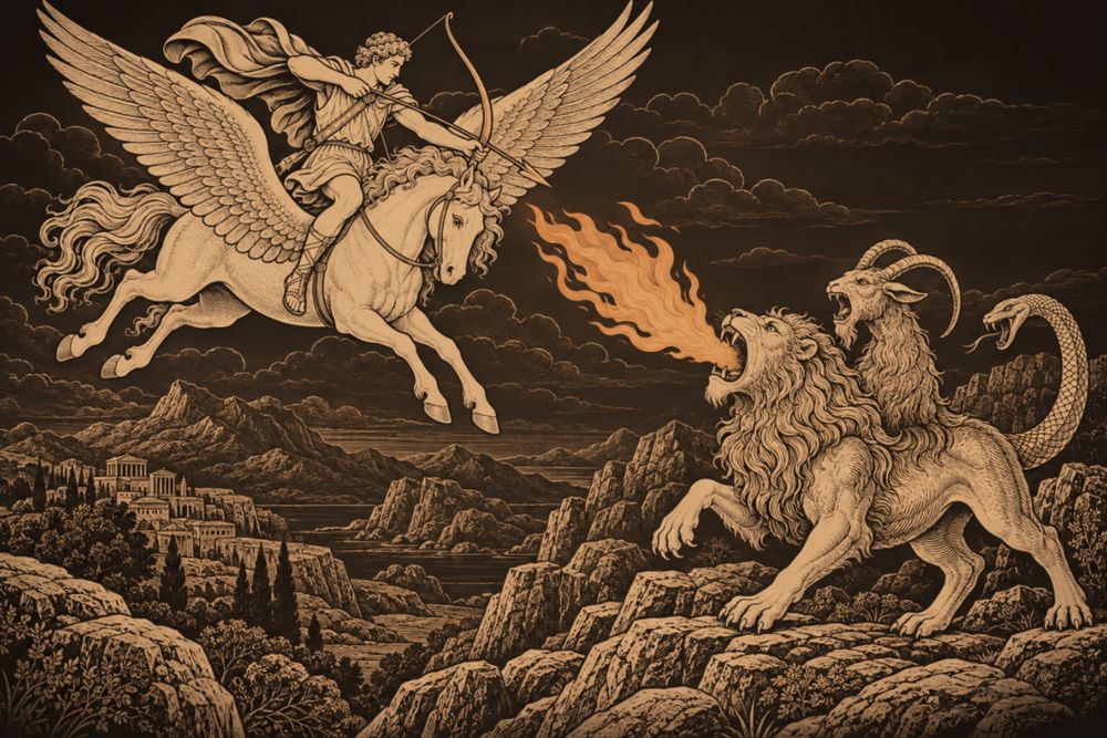 Bellerophon on the winged Pegasus draws his bow above rocky hills as the lion-headed Chimera, goat head on its back and serpent tail raised, breathes fire up at them