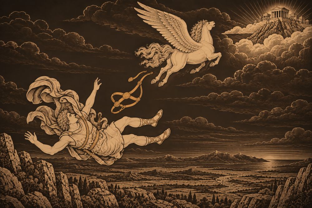 Bellerophon tumbles from the sky toward a wide plain while Pegasus flies on alone toward a temple on a cloud-wrapped peak, the bridle falling loose