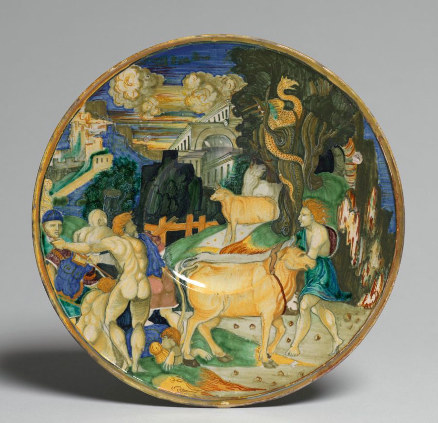 Plate Depicting the Myth of Cadmus. Italy, Urbino region, Gubbio, 16th century, 1526, tin-glazed earthenware with gold lustre (maiolica)
