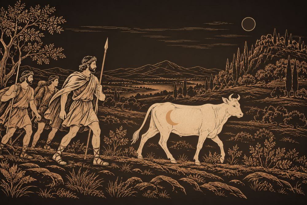 Cadmus, bearded and carrying a spear, leads his companions across open country behind a white heifer marked with a crescent on her flank