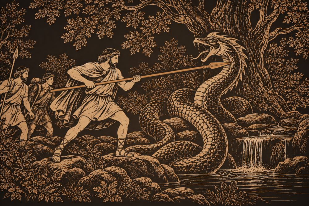 In a dark grove beside a spring, Cadmus lunges with a long spear at a huge crested serpent coiled among the rocks, two companions behind him