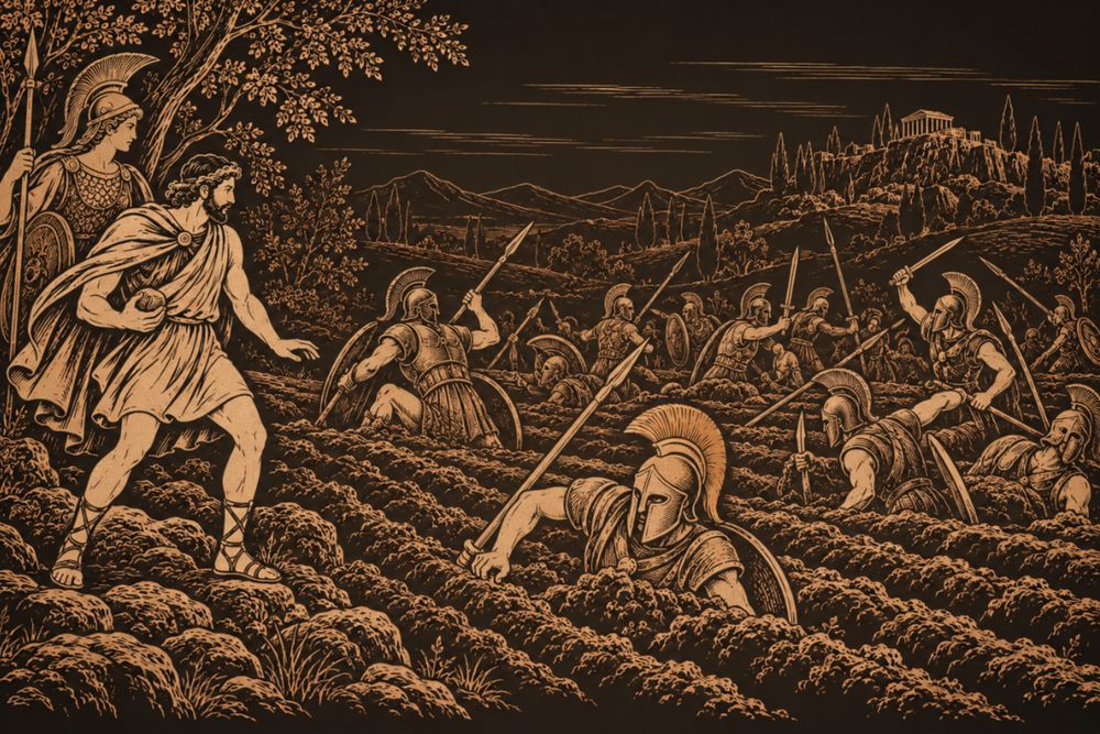 Helmeted warriors rise from the furrows of a ploughed field and turn their spears on one another while Cadmus, a stone in his hand, and a helmeted Athena watch from the edge
