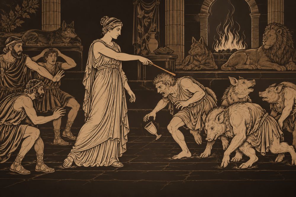 In her stone hall, among tame wolves and a lion, Circe points her wand at Odysseus's men; one drops his cup as he turns, and those beside him are already pigs