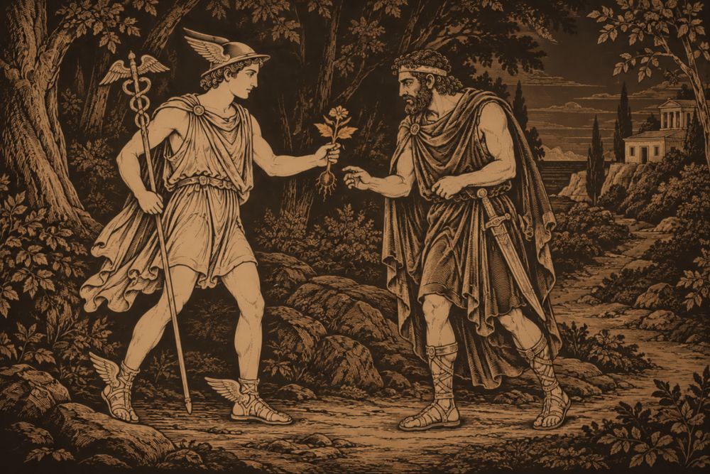 On a wooded path the young Hermes, in winged cap and sandals, hands the bearded Odysseus a small flowering plant pulled up by the root, Circe's house beyond the trees