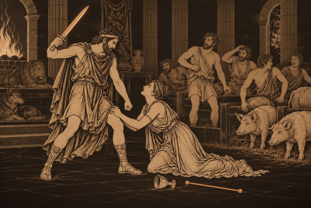 The bearded Odysseus raises his sword over Circe, who kneels and clasps his knee, her wand and cup on the floor, as the pigs behind turn back into men
