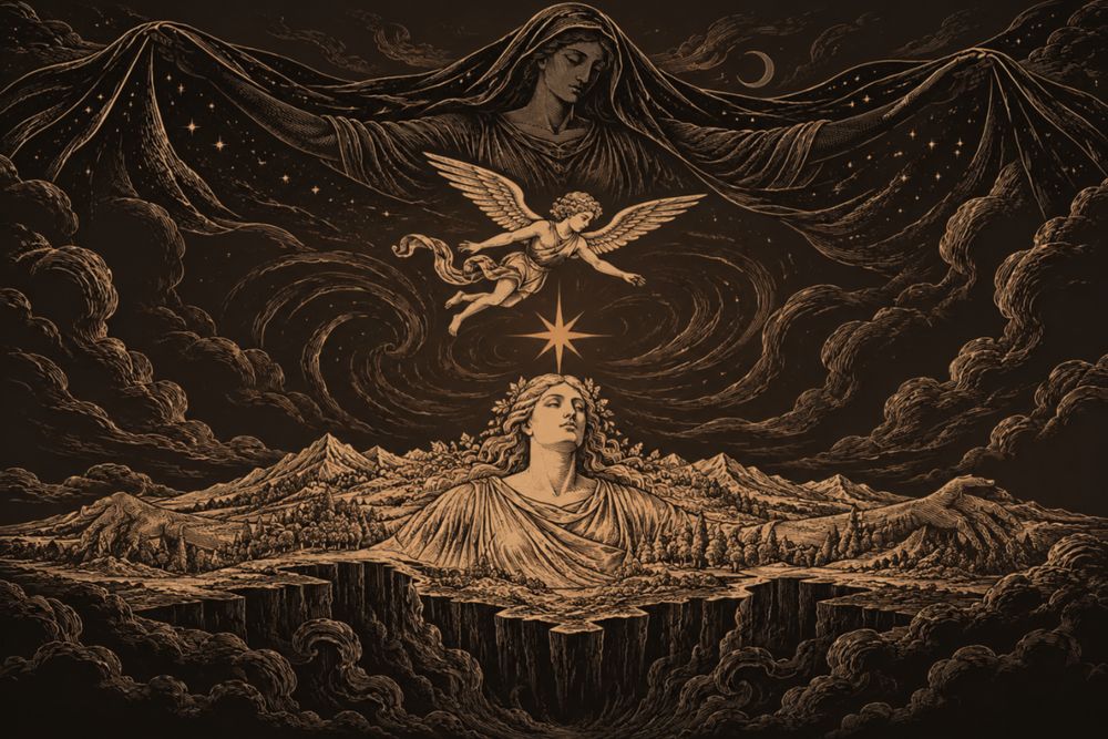 Night spreads her starry mantle across the top of the scene, a small winged Eros hovers over a bright star, and Gaia rises from mountains above a dark chasm