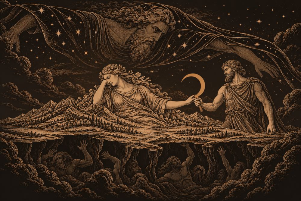 Beneath the starry Sky spread as a vast bearded god, the grieving Gaia hands a great curved sickle to her son Kronos while her hidden children strain in the depths below