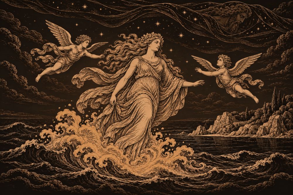 Robed and garlanded, Aphrodite rises from a swirl of sea foam toward a rocky island as two small winged youths fly to meet her under a withdrawing starry sky