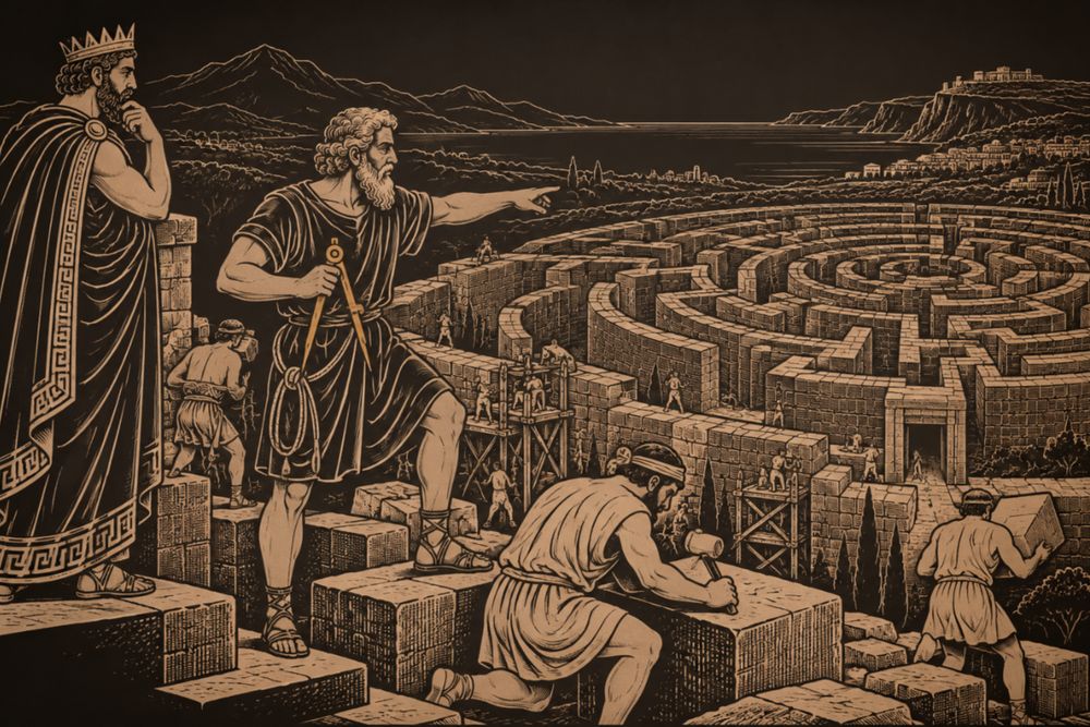 Holding a compass, the grey-bearded Daedalus points workmen toward a vast circular maze of stone walls rising in a Cretan valley while the crowned Minos watches