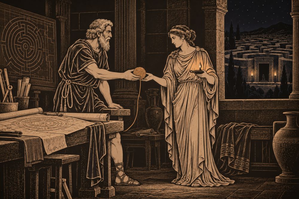 In a lamplit workshop hung with maze plans, the grey-bearded Daedalus hands a ball of thread to Ariadne, who holds a small oil lamp; the Labyrinth shows through the window