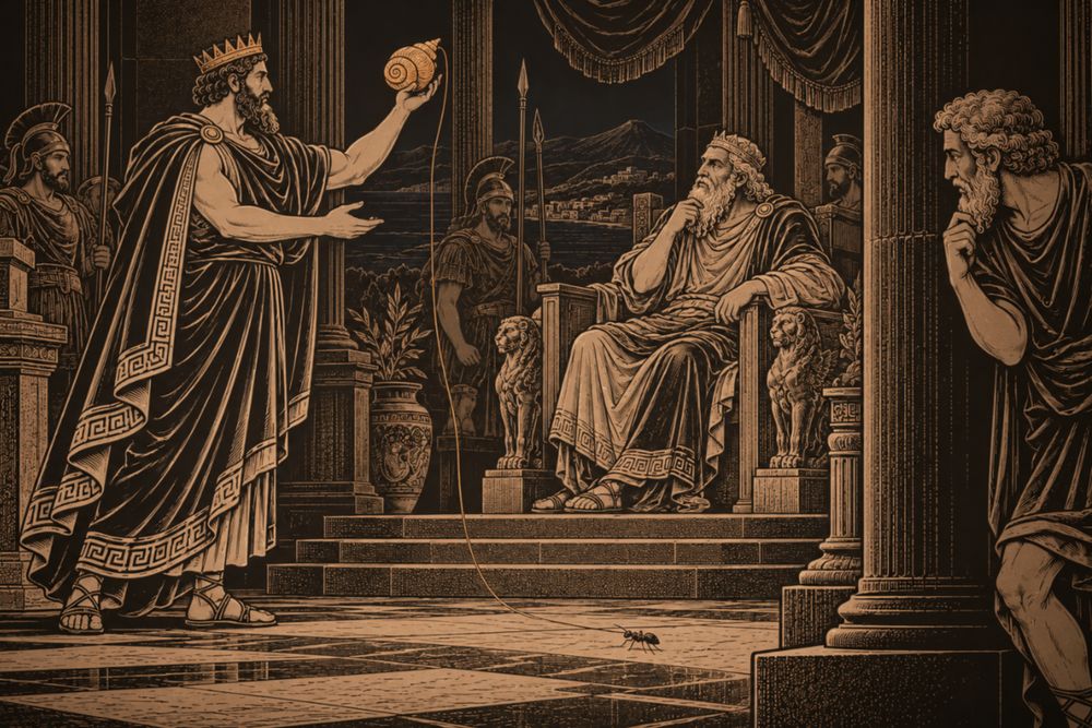 At the Sicilian court Minos holds up a spiral shell with a thread running from it to an ant on the floor, while King Cocalus watches and Daedalus hides behind a pillar