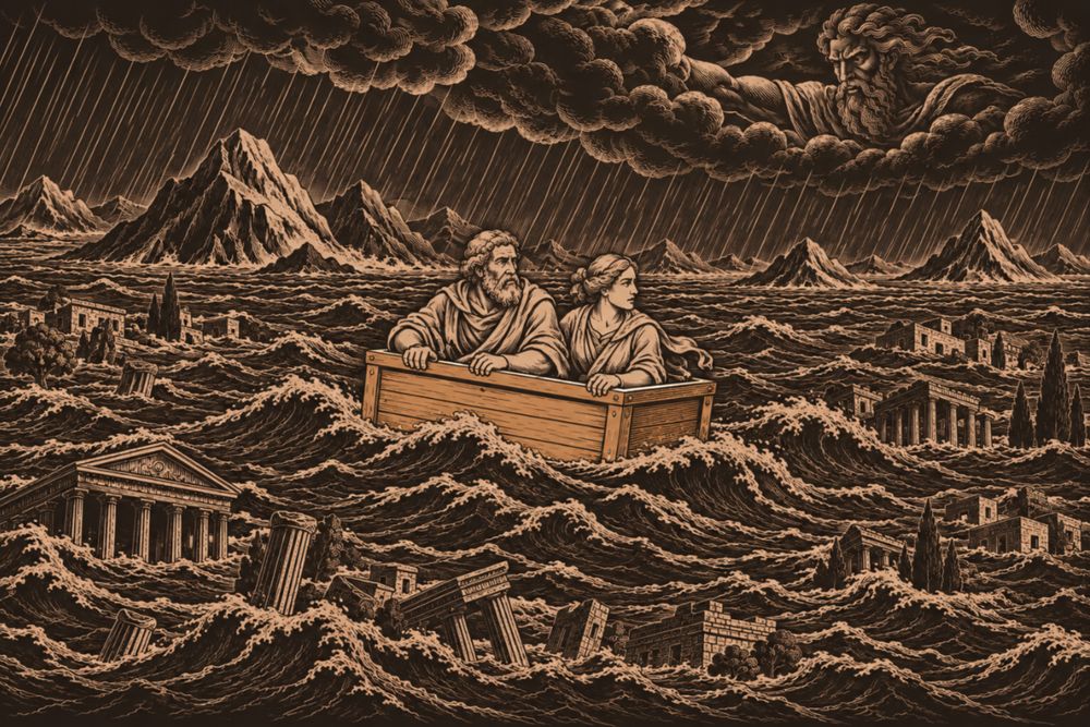 Deucalion and Pyrrha look out from a wooden chest tossed on a flood that has drowned temples and trees, as a bearded Zeus glowers from the storm clouds