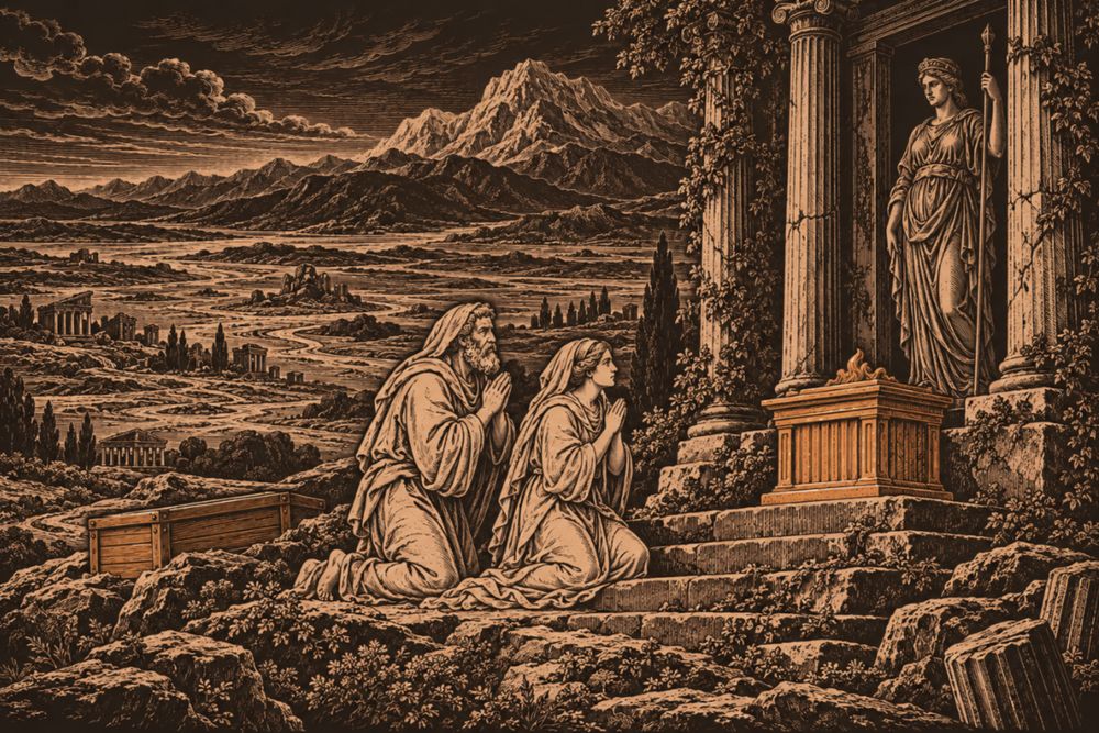 The veiled Deucalion and Pyrrha kneel in prayer on the steps of a moss-grown temple of Themis on Parnassus, their chest stranded on the rocks below