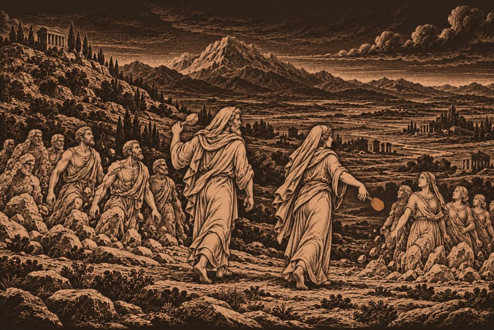 Deucalion and Pyrrha walk away with veiled heads, tossing stones behind them, and the stones rise from the ground as men behind him and women behind her