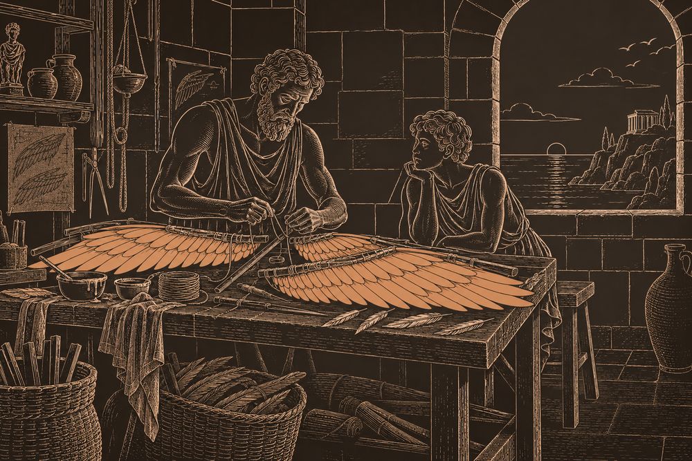 Daedalus binds feathers with wax and thread onto two pairs of wings across a workshop table while young Icarus watches