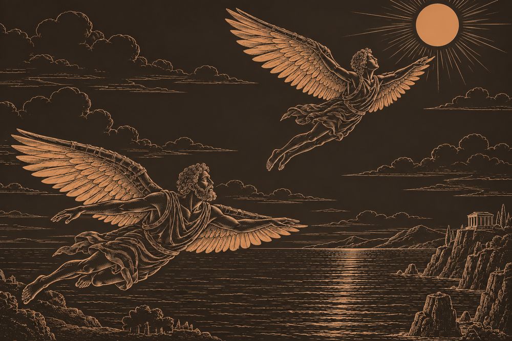 Daedalus and Icarus fly on their wax-and-feather wings above open water, Icarus climbing higher toward the sun