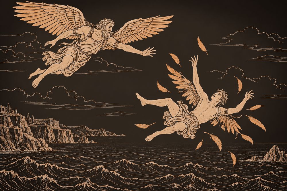 Icarus falls from the sky shedding loose feathers while Daedalus circles above in anguish, reaching after him