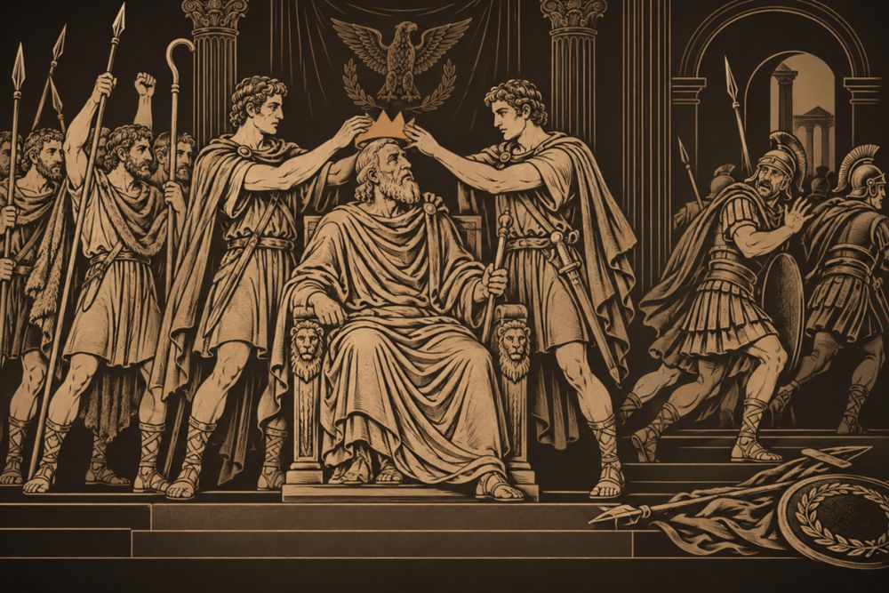 In the hall of Alba Longa the young twins set a crown on the head of their grandfather Numitor on his throne as the usurper's guards retreat