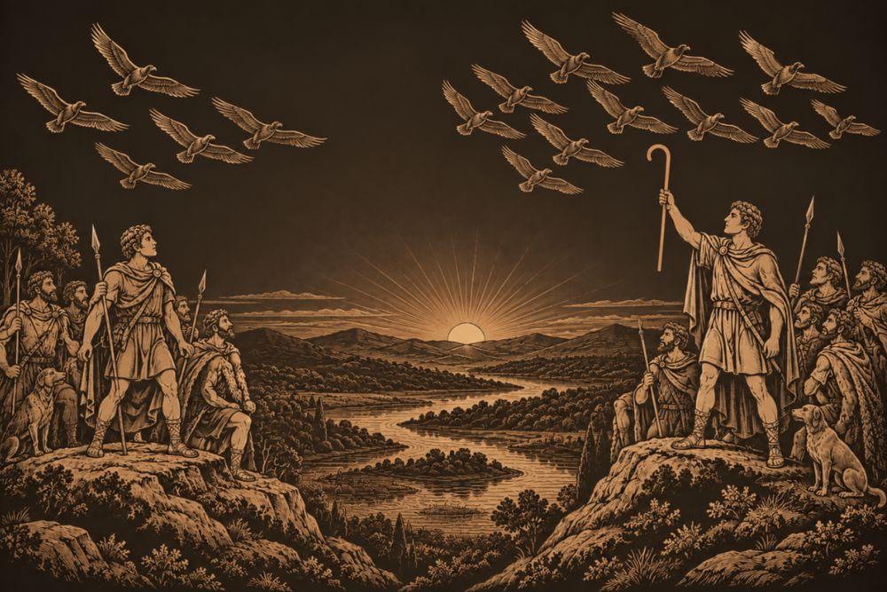 At dawn above the wild Tiber valley, Remus watches six vultures from one hill while Romulus, raising a curved augur's staff, sees twelve from the other