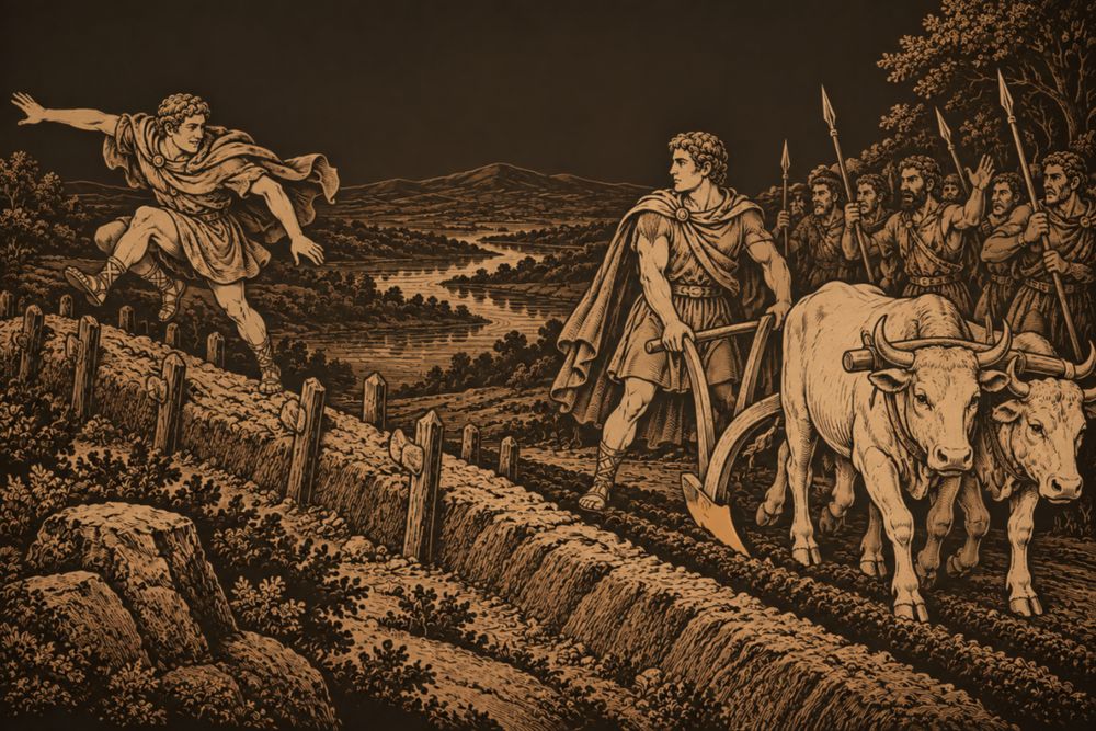 Romulus steers a plough drawn by a white bull and cow along the line of the new wall while Remus, laughing, leaps over the low rampart of earth and stakes