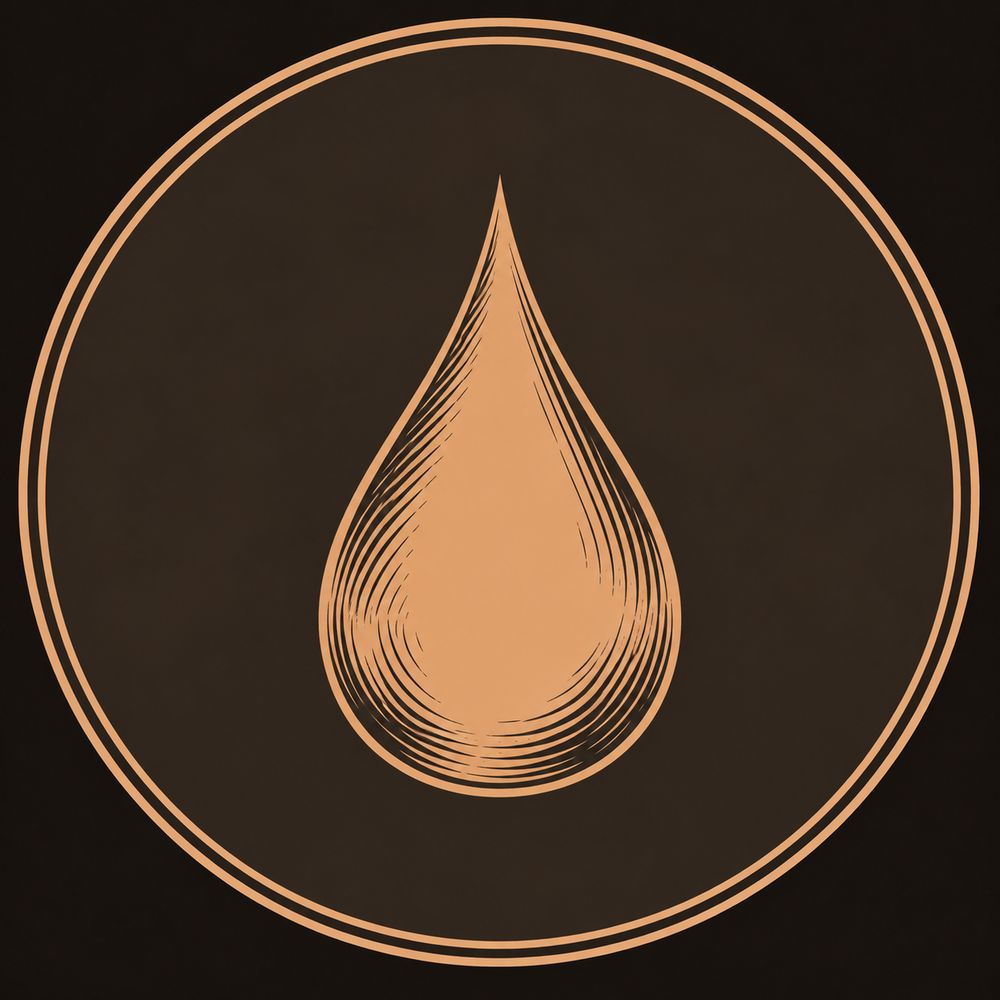 Engraved bronze medallion within two thin concentric frame lines, showing one solid bronze drop of blood at the centre of a dark warm brown field