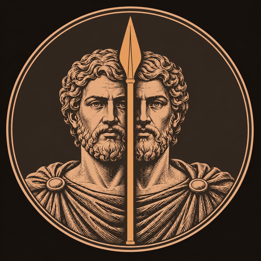 Solid bronze spear with a broad leaf-shaped point and a plain straight shaft, set against a dark medallion field inside two thin engraved concentric rings