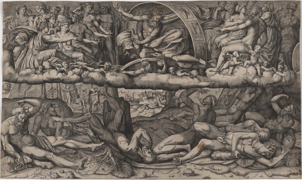 Jupiter Defeating the Giants. attributed to Girolamo Faccioli, after Perino del Vaga, 1540s, engraving on laid paper