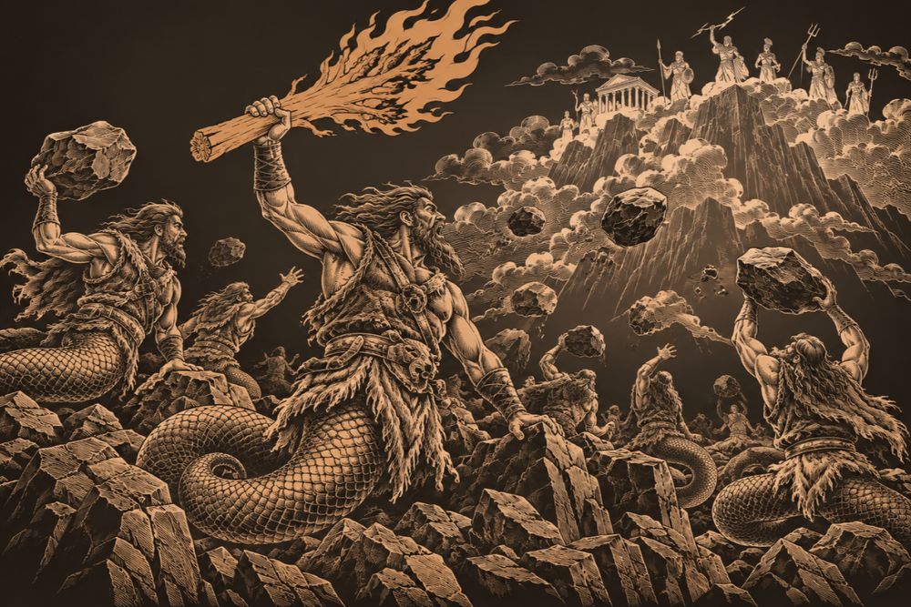 Serpent-legged Giants in animal hides hurl boulders and a burning oak at the gods standing on the cloudy summit of Olympus