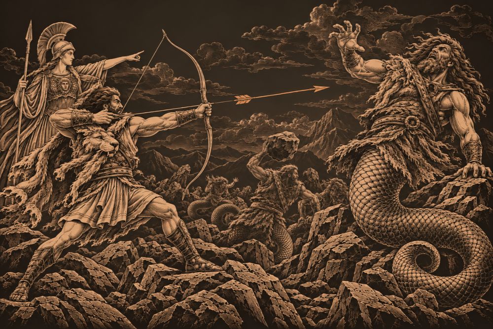 Heracles in his lion skin draws his bow at the serpent-legged Giant Alcyoneus while Athena, spear in hand, points the way from behind him