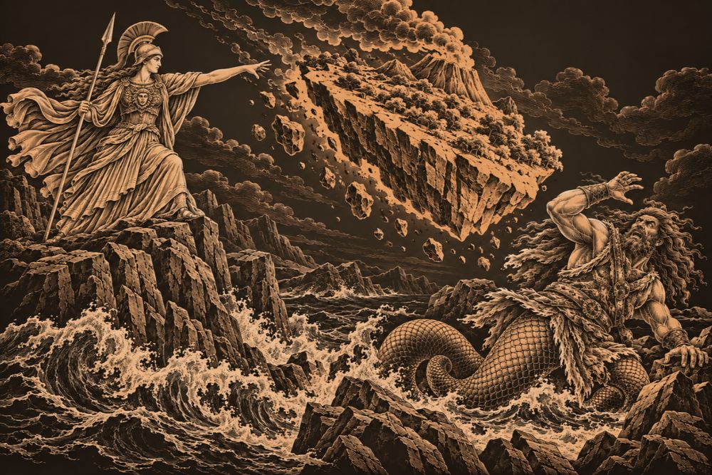 Athena, helmeted and holding a spear, flings a whole island with a smoking peak down on the Giant Enceladus as he flees through the surf
