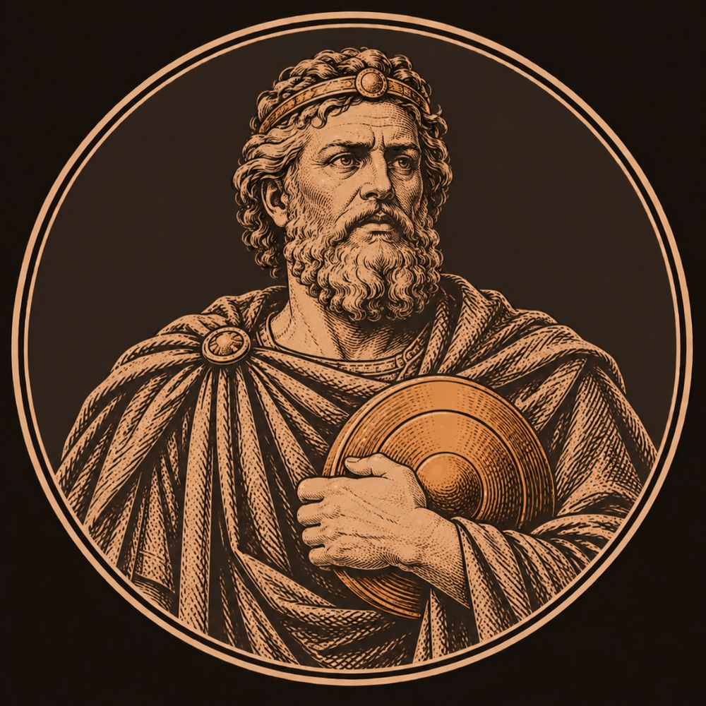 Engraved bronze medallion of Acrisius, a grey-bearded king with an anxious look, clutching the discus that would fulfil the oracle