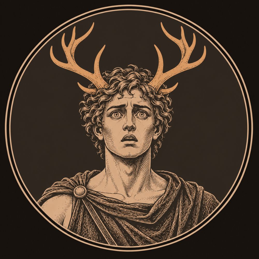 Engraved bronze medallion of Actaeon, a startled curly-haired young hunter with bronze stag antlers sprouting from his head