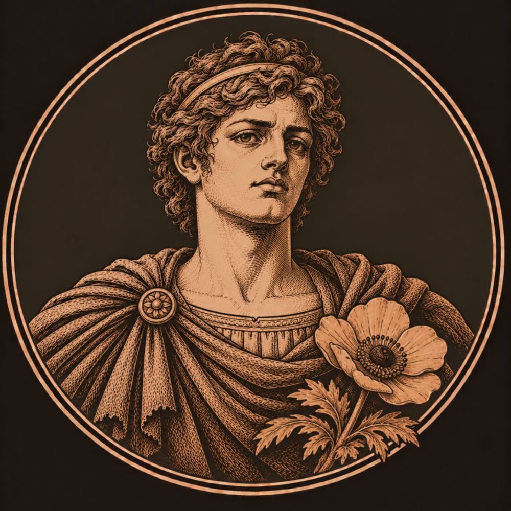 Engraved bronze medallion of Adonis, a beardless youth with a fillet in his curls and a hunter's cloak, beside a single open anemone