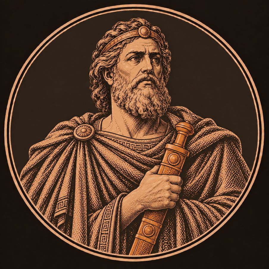 Engraved bronze medallion of Aegeus, king of Athens, a grey-bearded man with a worried gaze holding the sword he left for Theseus