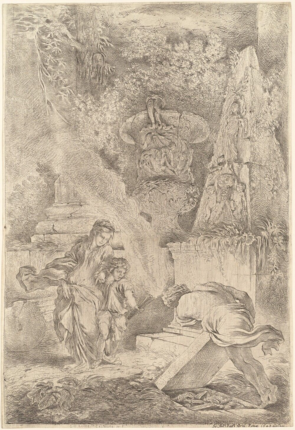 Castiglione etching: young Theseus heaves up a stone slab to find the sword and sandals Aegeus hid, watched by his mother Aethra among ruins