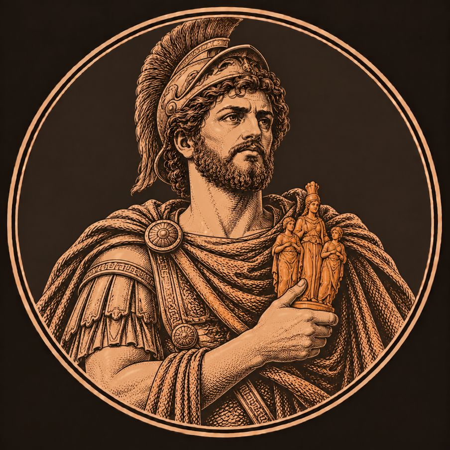 Engraved bronze medallion of Aeneas, a bearded Trojan warrior in a crested helmet carrying a small statuette of the household gods