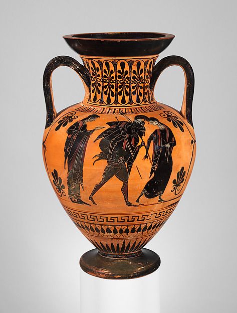 Attic black-figure amphora: an armed warrior carries an old man on his back between two robed figures, a scene the Met catalogues under Aeneas