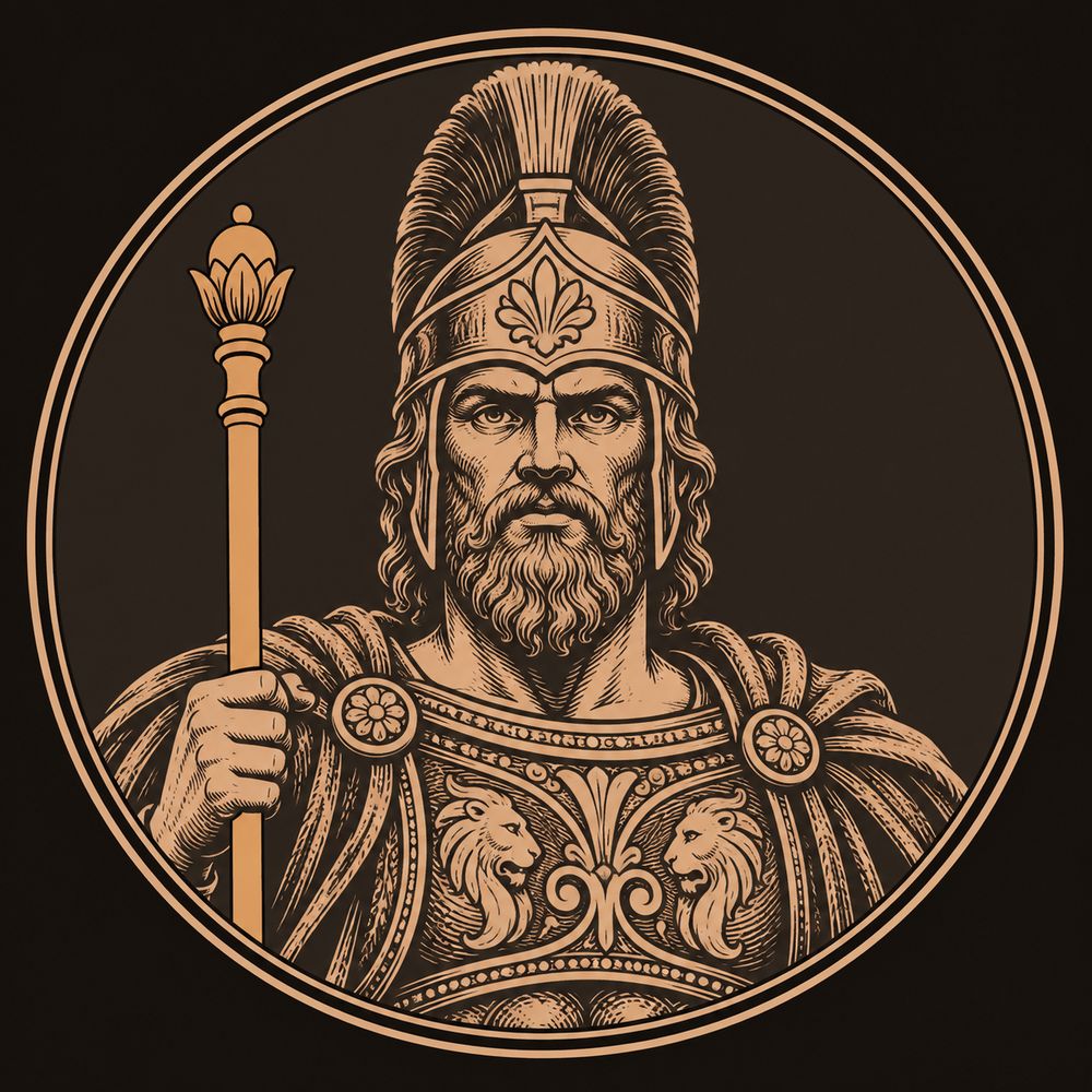 Bronze engraved medallion portrait of Agamemnon, bearded king wearing a crested helmet and holding a royal scepter